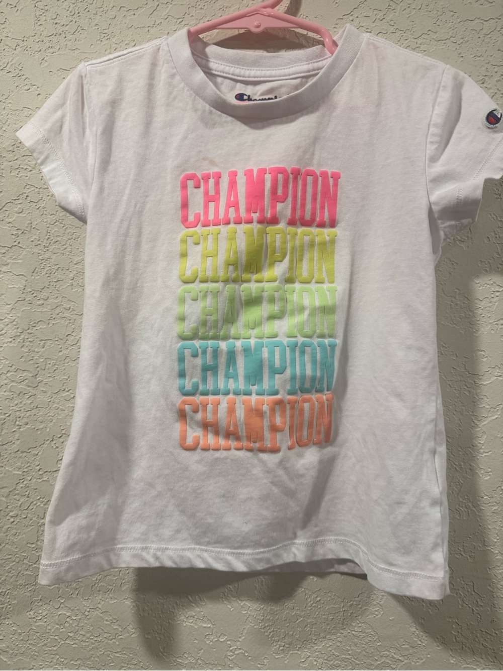 Champion White Tee with Neon Rainbow Stacked Logo 5/6 girls xs